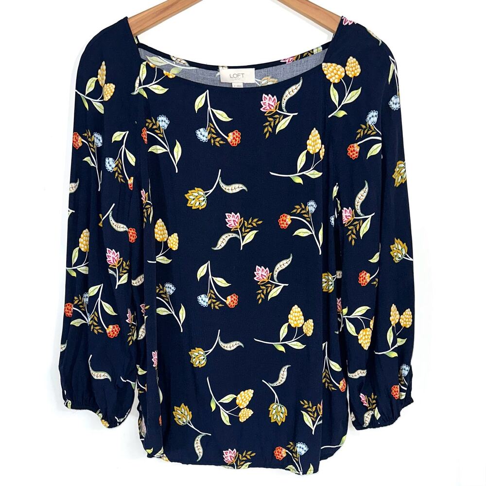 Loft Outlet Navy Blue Floral Wide Neck Blouse Size Medium